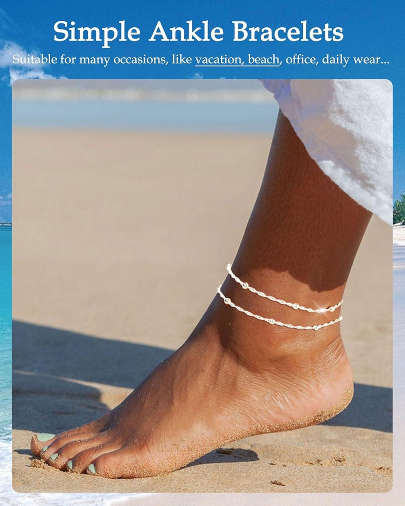 FUNEIA Gold Silver Ankle Bracelets for Women Waterproof 14K Gold Plated Anklets for Women Non Tarnish Dainty Layered Beaded Heart Anklet Set Summer Beach Foot Chain Jewelry Gifts Trendy Stuff - Image 3
